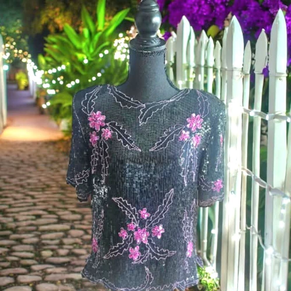 Royal Feelings Chic Black Sequin 100% Silk Blouse